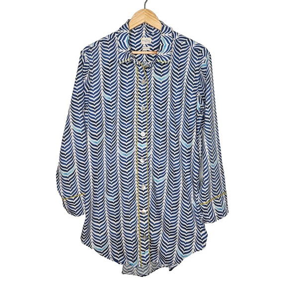 THE LAZY POET Boyfriend Sleep Shirt XL Sissy Ocean Print Button Up 100% Cotton - Picture 1 of 12